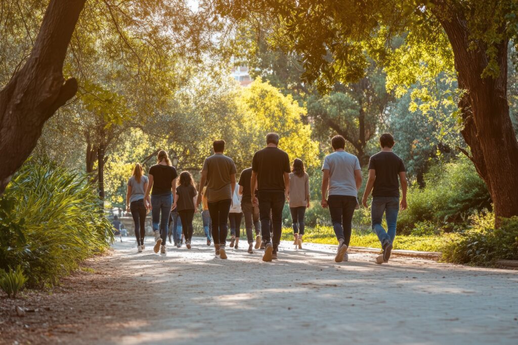 Pessoas caminhando numa trilha na floresta